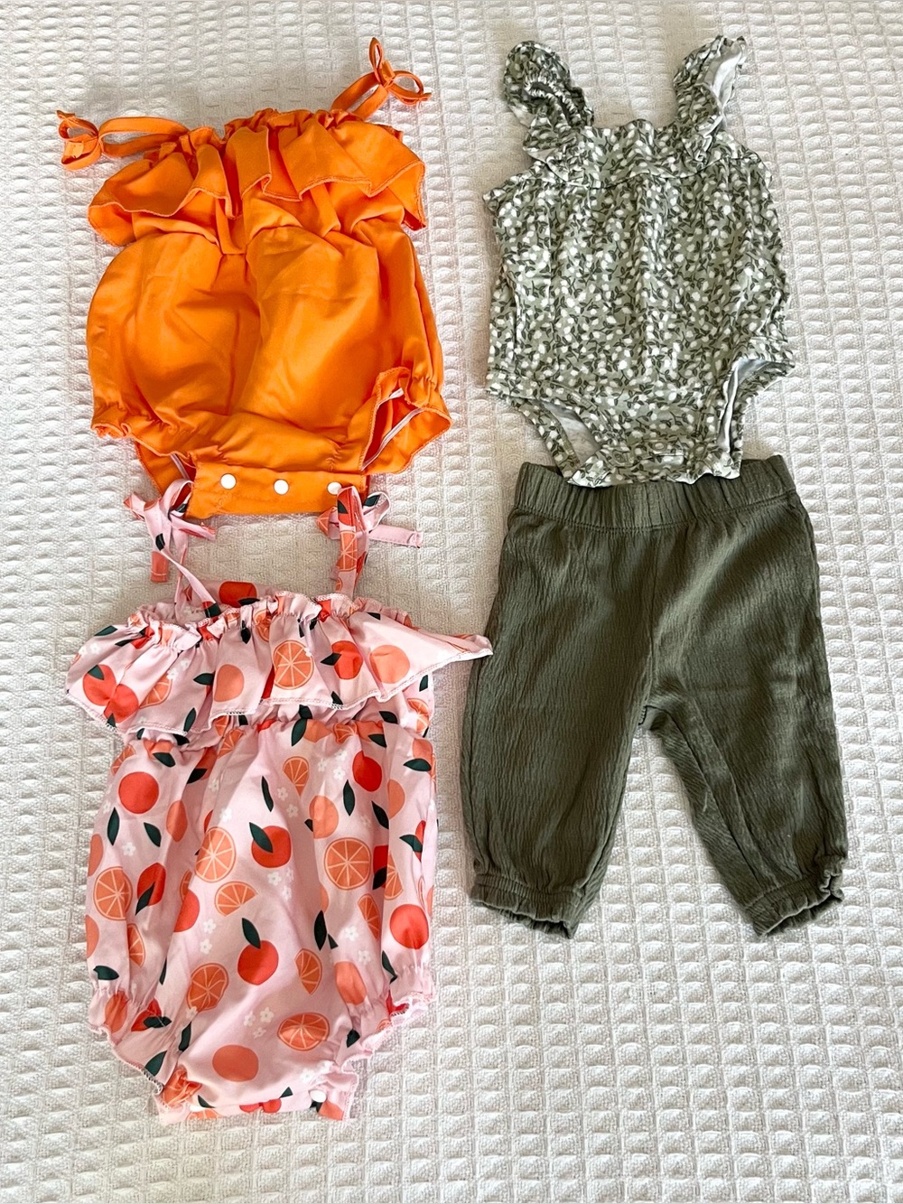 Girls 3M green carters printed onesie and legging and orange onesies